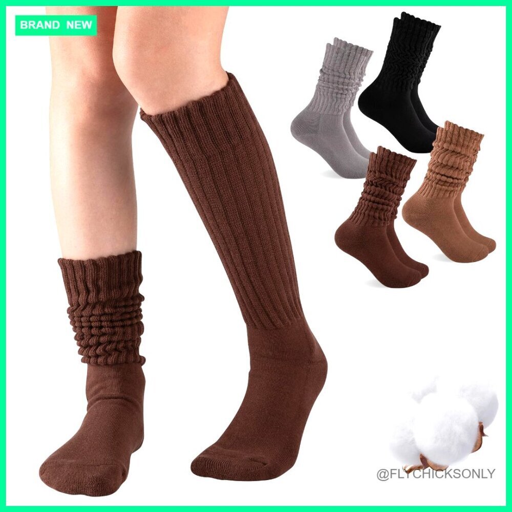 Knee High Slouch Socks 4 Pairs Cotton Spandex Scrunch Cushion Extra Long